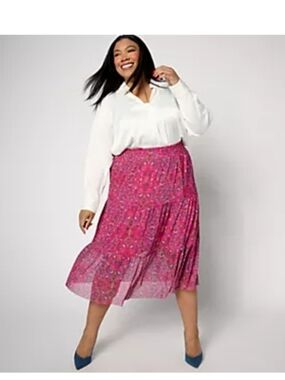 Denim&Co Pink Peony Tiered Midi Skirt - Women